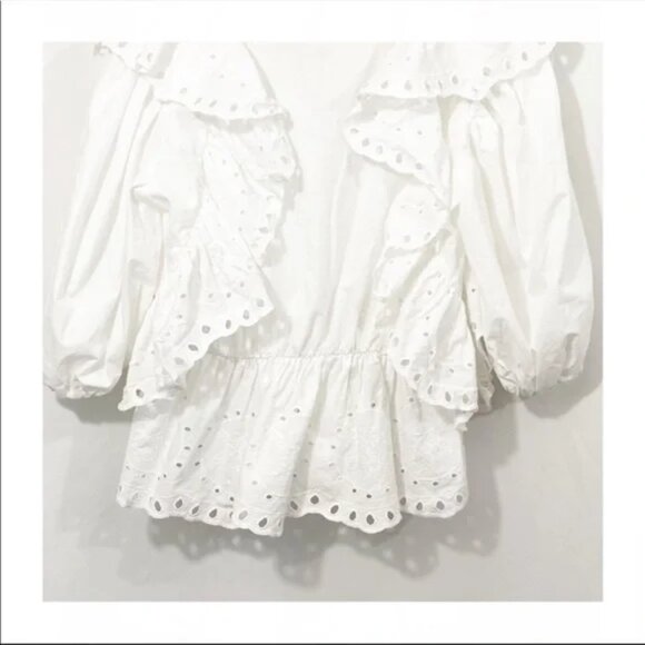 ZARA EYELET RUFFLE PUFF SLEEVE COTTON OUTWORK OPENWORK EMBROIDERED TOP - Picture 8 of 10